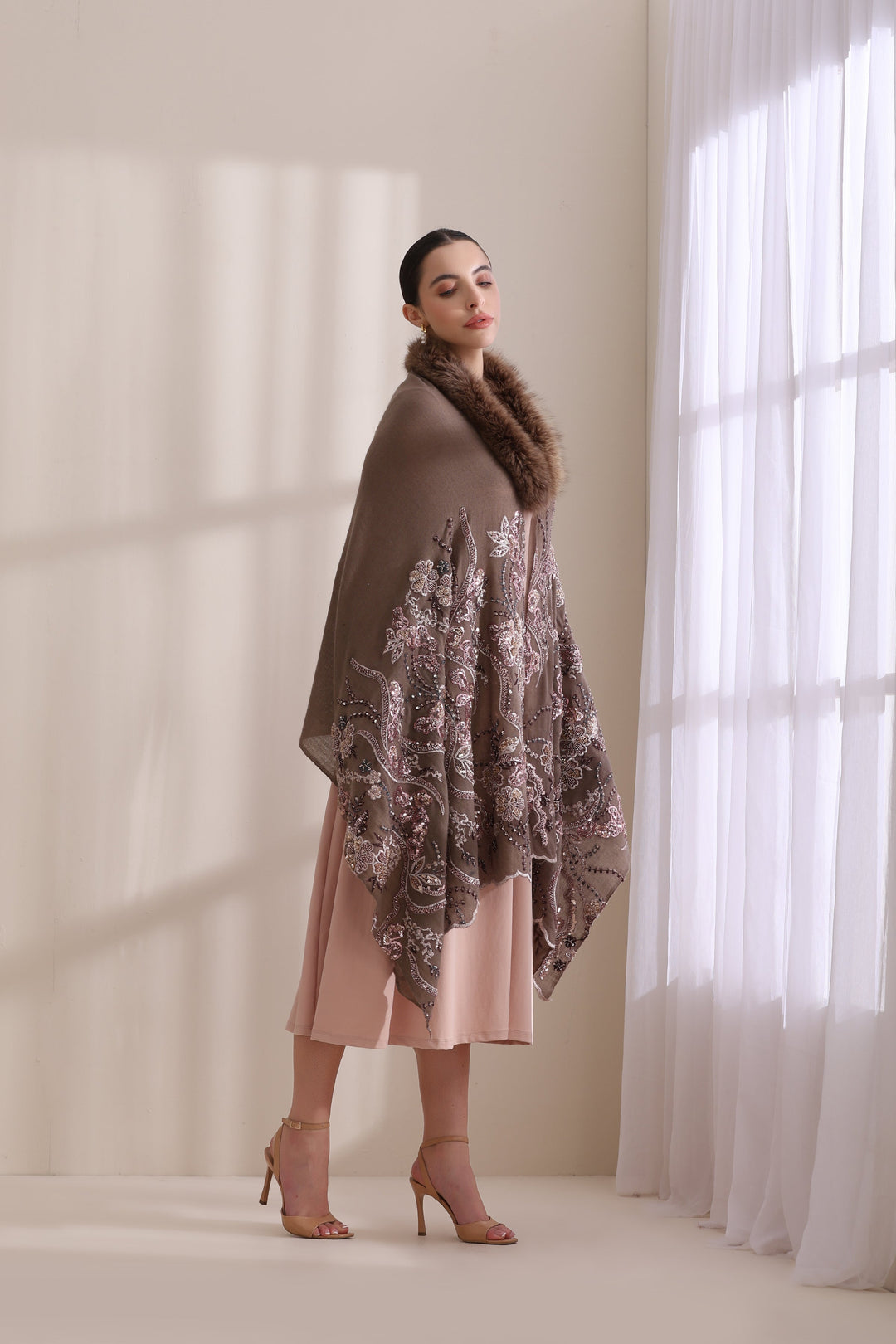 Brown Cashmere Fine Wool Camila Collared Fur with Heavy Floral Stone Work Stole 28x80