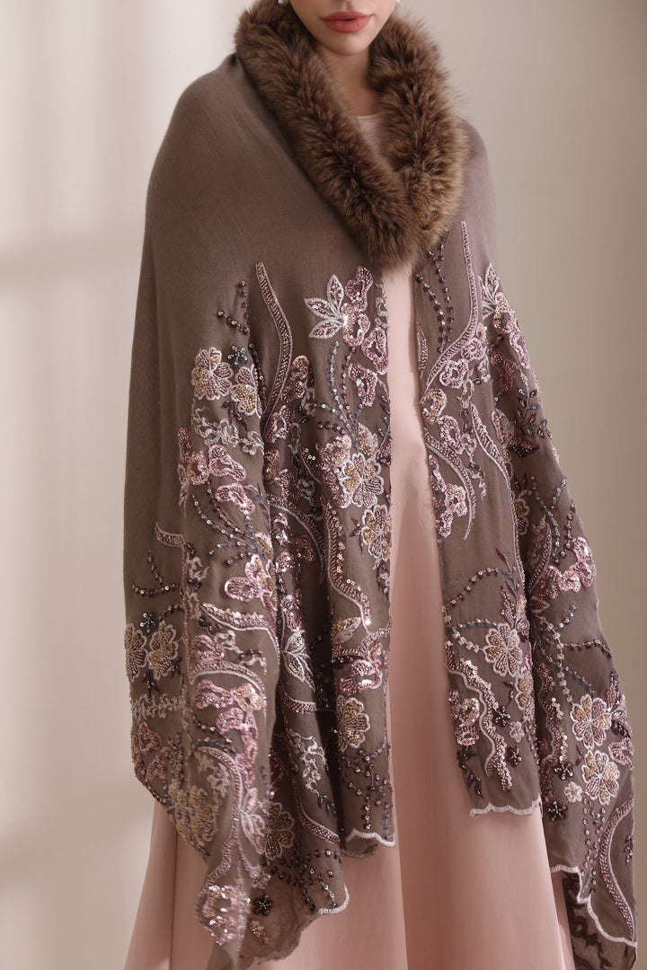 Brown Cashmere Fine Wool Camila Collared Fur with Heavy Floral Stone Work Stole 28x80