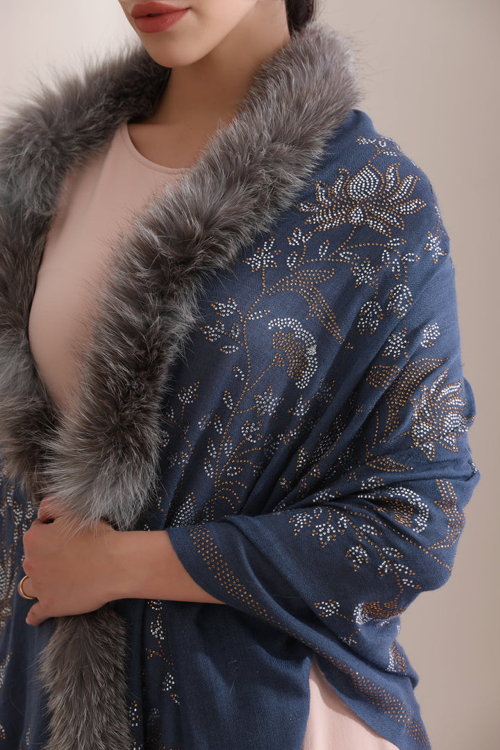 Blue Cashmere Fine Wool Aurora Three Side Fur with Allover Lotus Pattern Stone Work Stole 28x80