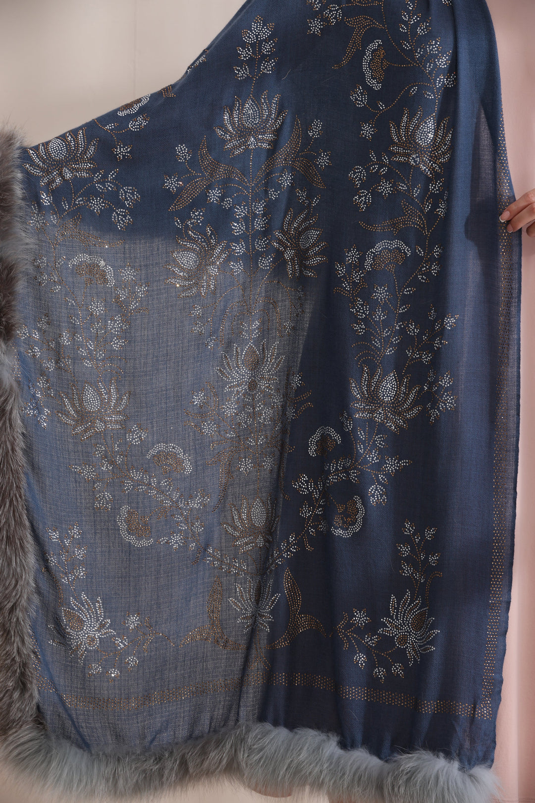 Blue Cashmere Fine Wool Aurora Three Side Fur with Allover Lotus Pattern Stone Work Stole 28x80