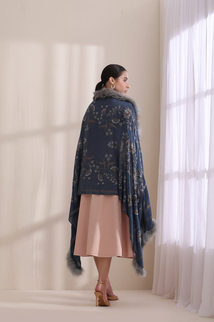 Blue Cashmere Fine Wool Aurora Three Side Fur with Allover Lotus Pattern Stone Work Stole 28x80