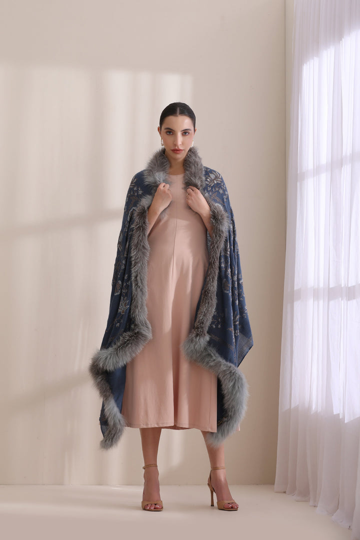 Blue Cashmere Fine Wool Aurora Three Side Fur with Allover Lotus Pattern Stone Work Stole 28x80