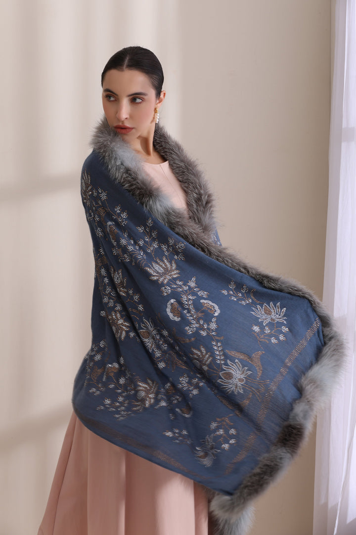 Blue Cashmere Fine Wool Aurora Three Side Fur with Allover Lotus Pattern Stone Work Stole 28x80
