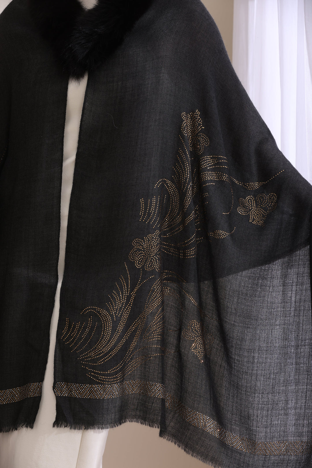 Black Cashmere Fine Wool Chloe Collared Fur with Floral Stone Work Stole 28x80