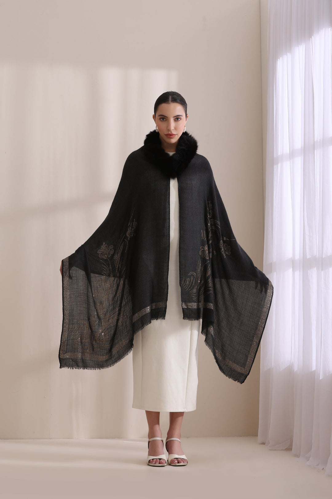 Black Cashmere Fine Wool Chloe Collared Fur with Floral Stone Work Stole 28x80