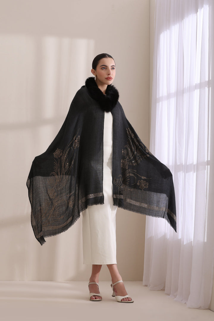 Black Cashmere Fine Wool Chloe Collared Fur with Floral Stone Work Stole 28x80