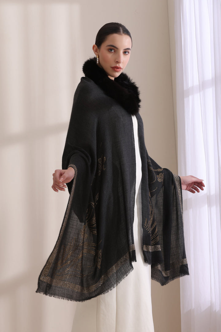 Black Cashmere Fine Wool Chloe Collared Fur with Floral Stone Work Stole 28x80