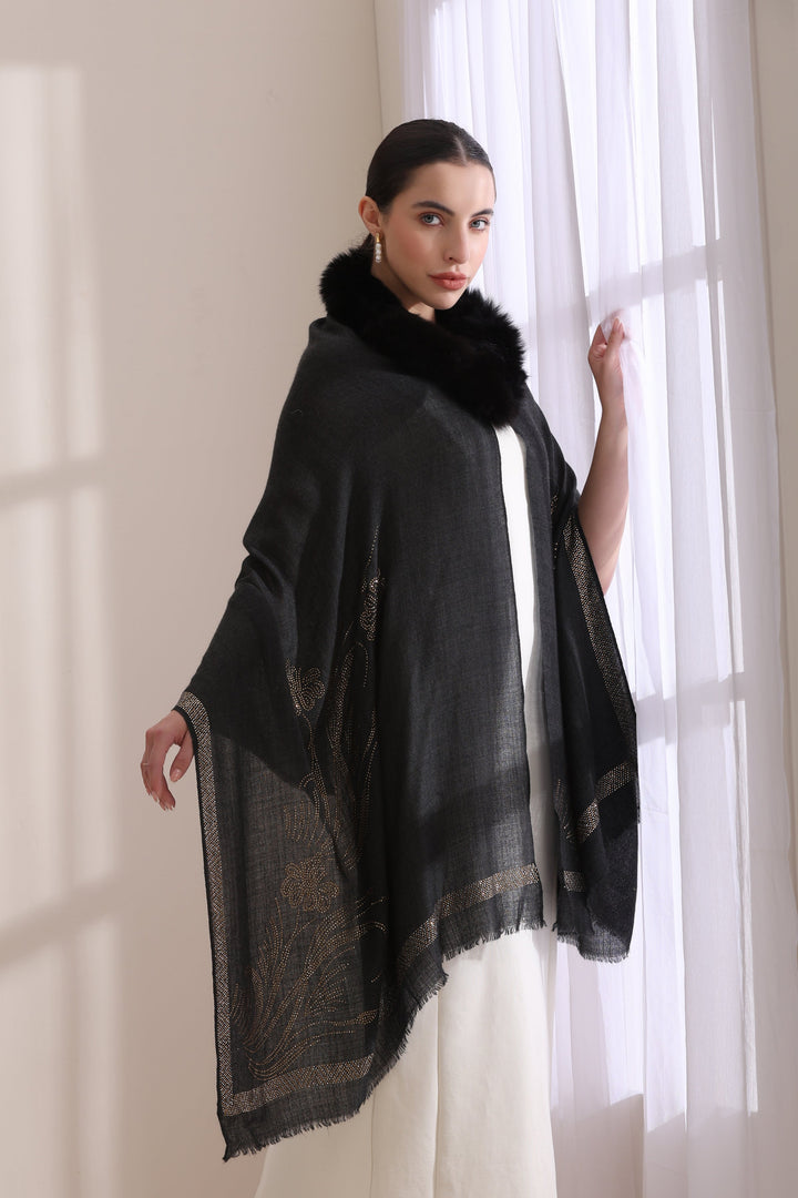 Black Cashmere Fine Wool Chloe Collared Fur with Floral Stone Work Stole 28x80