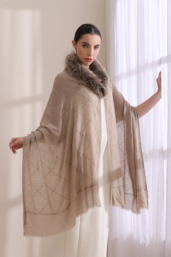 Beige Cashmere Fine Wool Hazel Collared Fur with All Over Criss Cross Stone Work Stole 28x80
