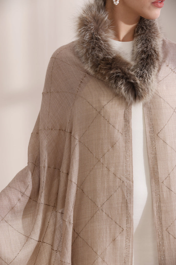 Beige Cashmere Fine Wool Hazel Collared Fur with All Over Criss Cross Stone Work Stole 28x80