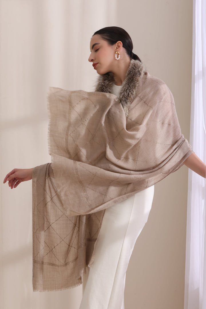 Beige Cashmere Fine Wool Hazel Collared Fur with All Over Criss Cross Stone Work Stole 28x80