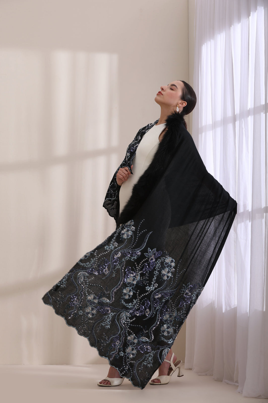 Blue Cashmere Fine Wool Ellie Collared Fur with Heavy Floral Stone Work Stole 28x80