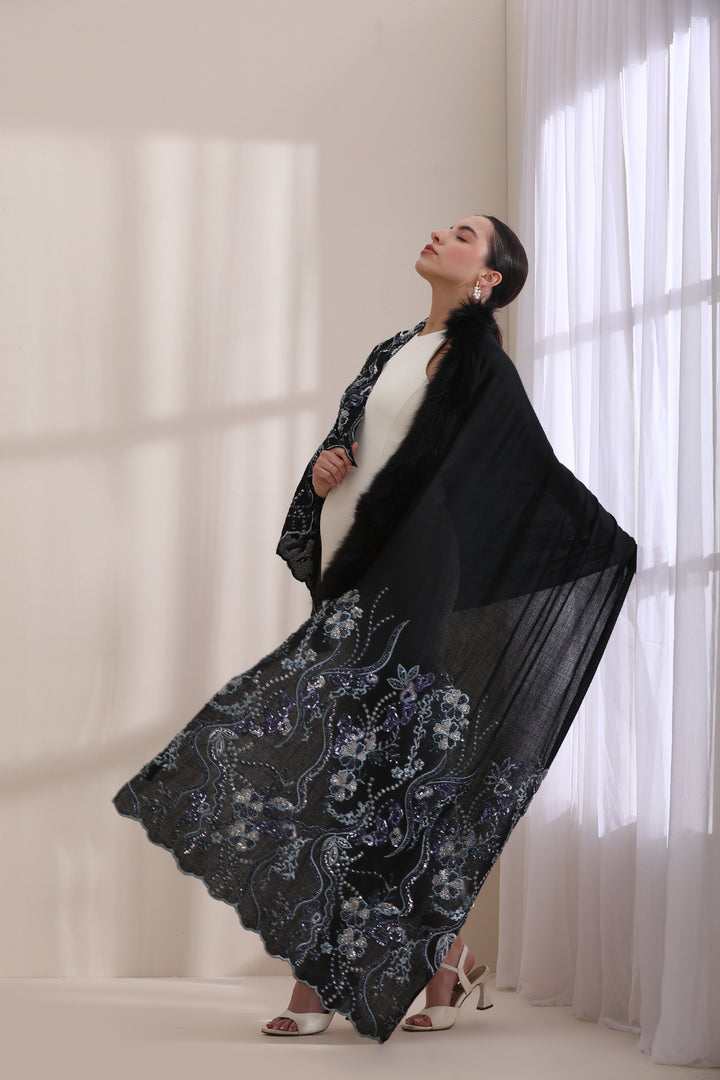 Blue Cashmere Fine Wool Ellie Collared Fur with Heavy Floral Stone Work Stole 28x80