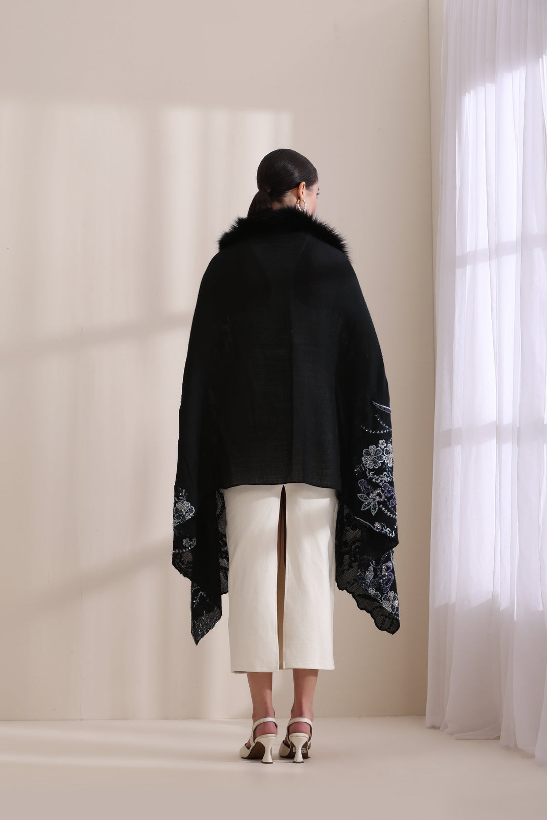 Blue Cashmere Fine Wool Ellie Collared Fur with Heavy Floral Stone Work Stole 28x80