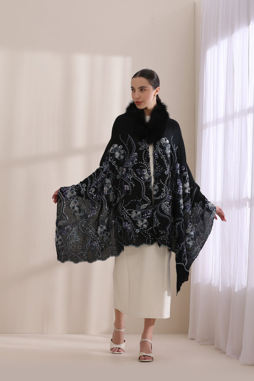 Blue Cashmere Fine Wool Ellie Collared Fur with Heavy Floral Stone Work Stole 28x80