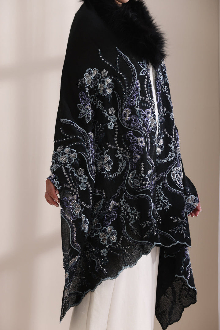 Blue Cashmere Fine Wool Ellie Collared Fur with Heavy Floral Stone Work Stole 28x80