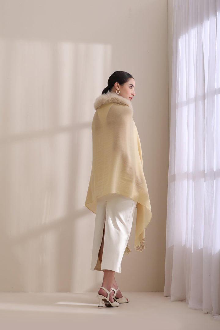Cream Cashmere Fine Wool Nora Collared Fur with Butterfly Border Stone Work Stole 28x80