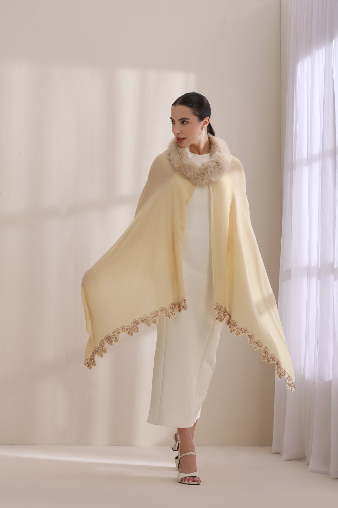 Cream Cashmere Fine Wool Nora Collared Fur with Butterfly Border Stone Work Stole 28x80