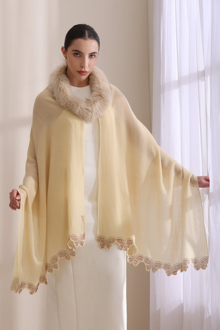 Cream Cashmere Fine Wool Nora Collared Fur with Butterfly Border Stone Work Stole 28x80