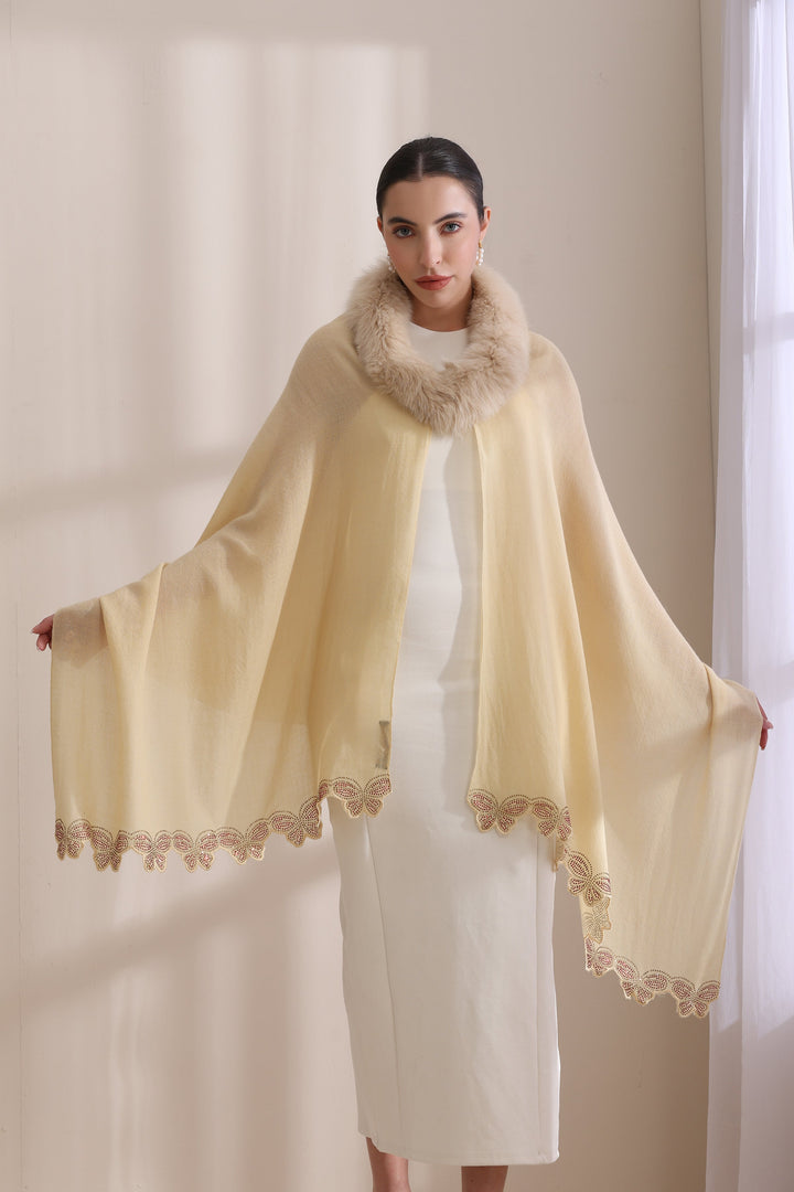 Cream Cashmere Fine Wool Nora Collared Fur with Butterfly Border Stone Work Stole 28x80
