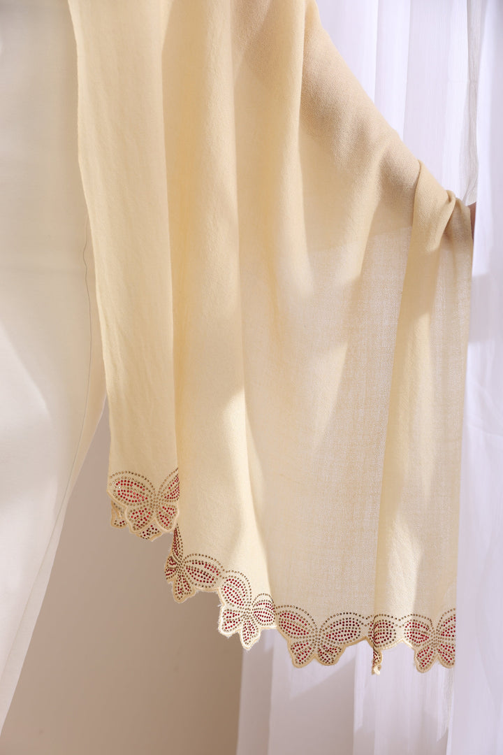 Cream Cashmere Fine Wool Nora Collared Fur with Butterfly Border Stone Work Stole 28x80