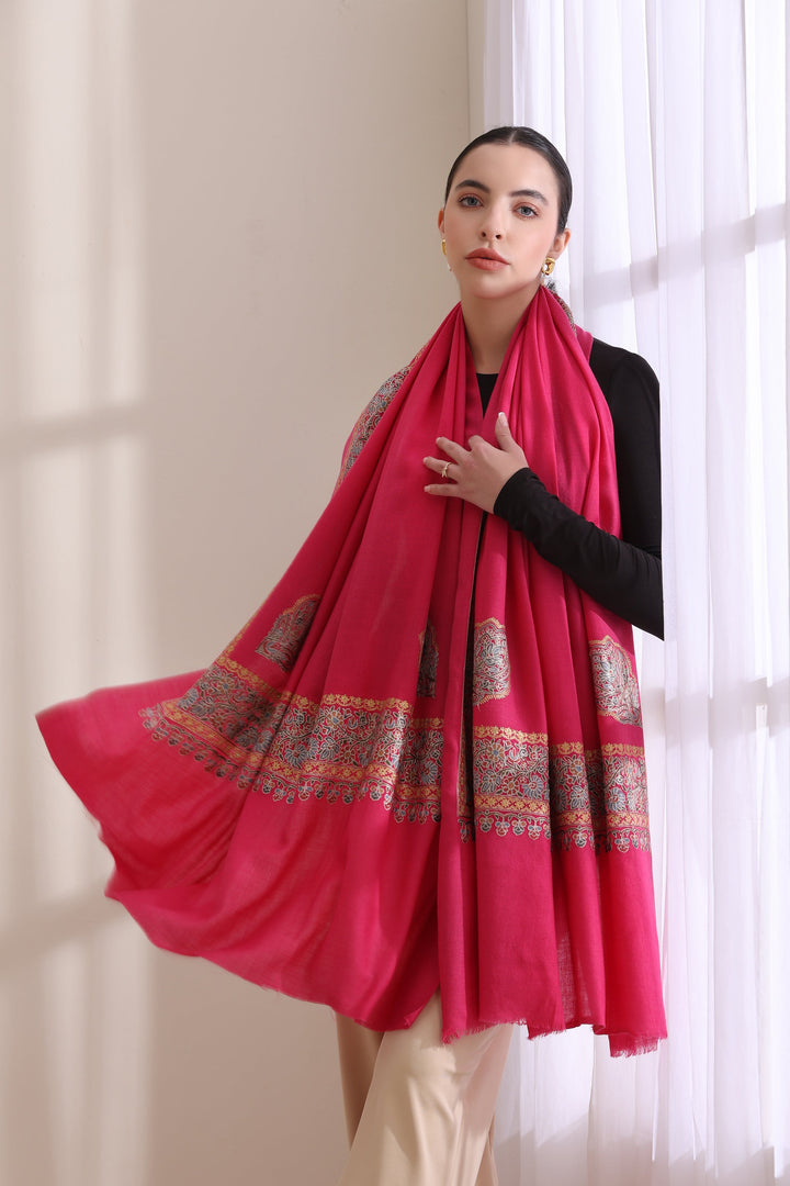 Magenta Cashmere Fine Wool Geetanjali Intricate Embroidered Fine Wool Shawl with Four Side Border 40x80