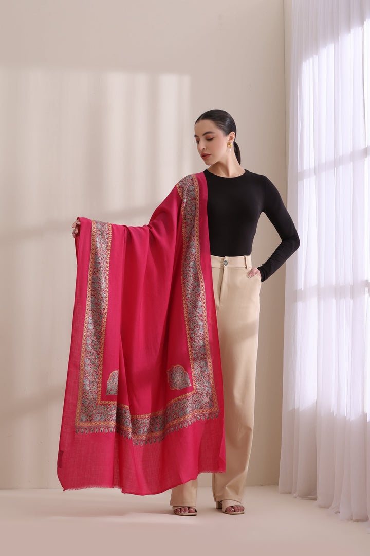 Magenta Cashmere Fine Wool Geetanjali Intricate Embroidered Fine Wool Shawl with Four Side Border 40x80
