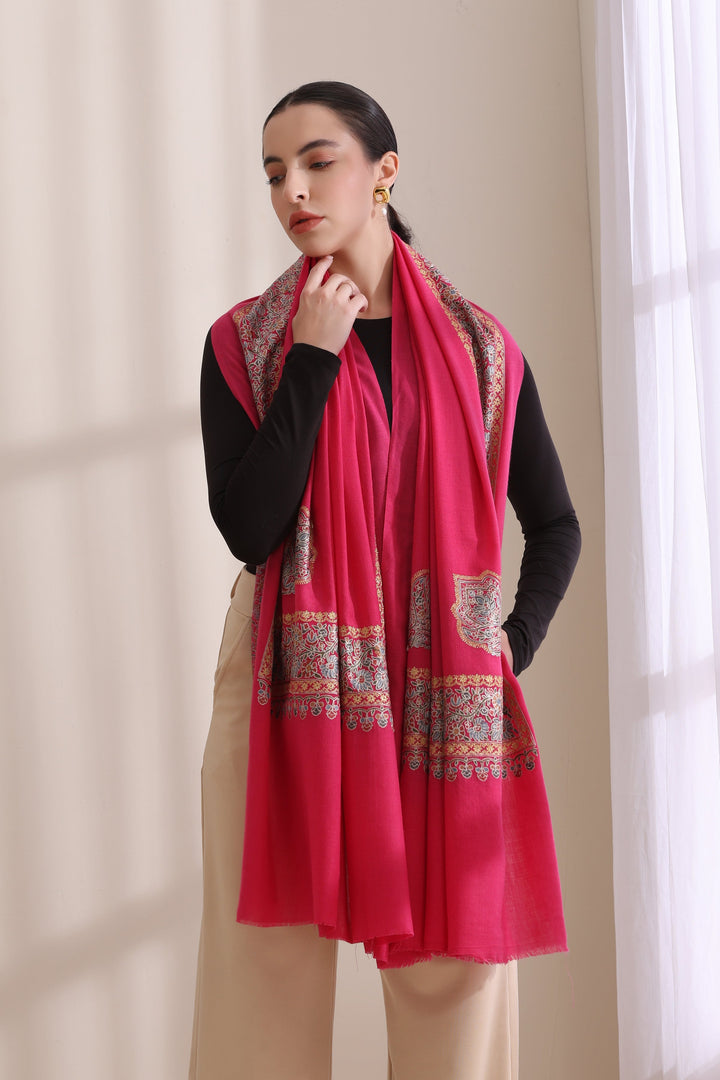 Magenta Cashmere Fine Wool Geetanjali Intricate Embroidered Fine Wool Shawl with Four Side Border 40x80