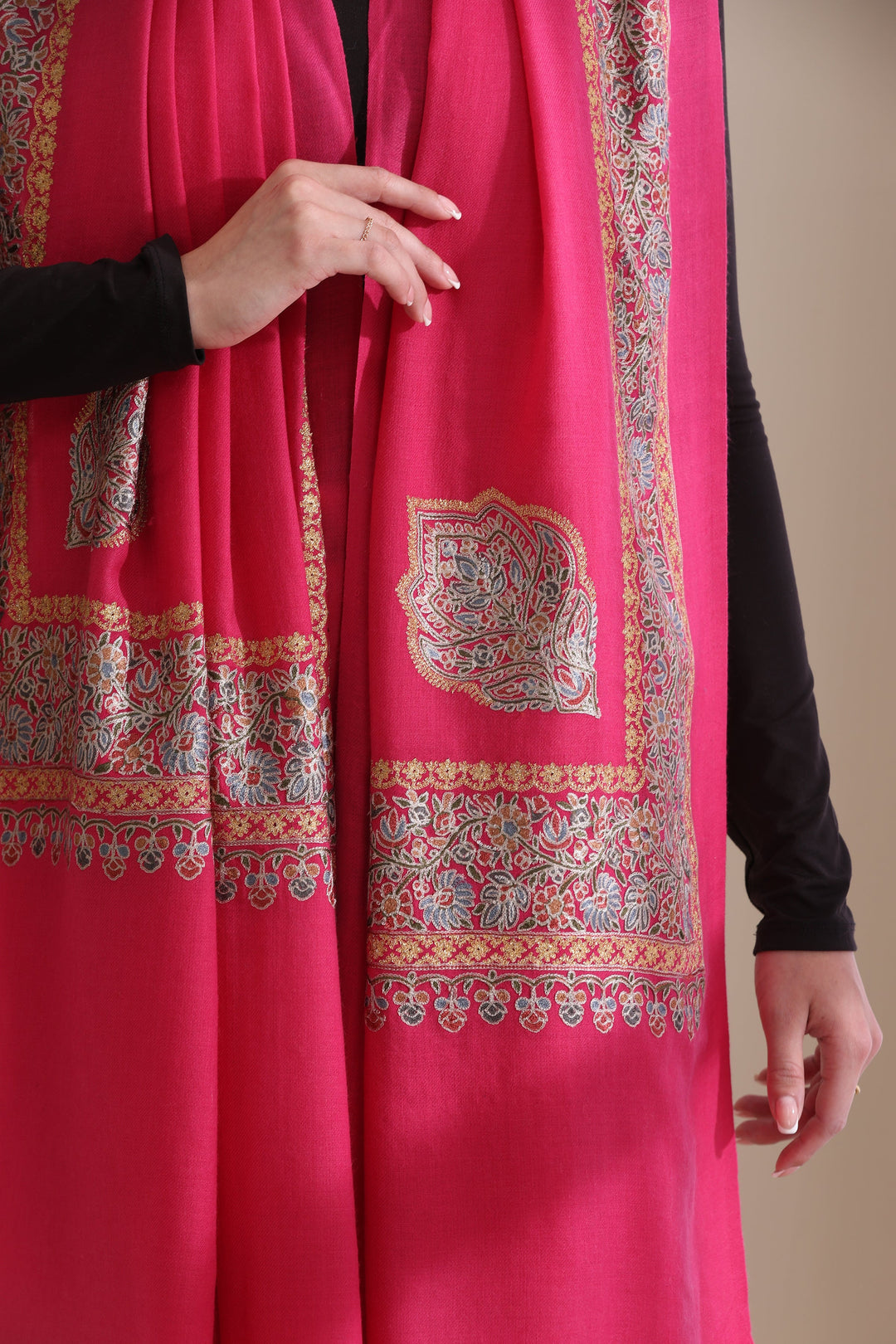 Magenta Cashmere Fine Wool Geetanjali Intricate Embroidered Fine Wool Shawl with Four Side Border 40x80