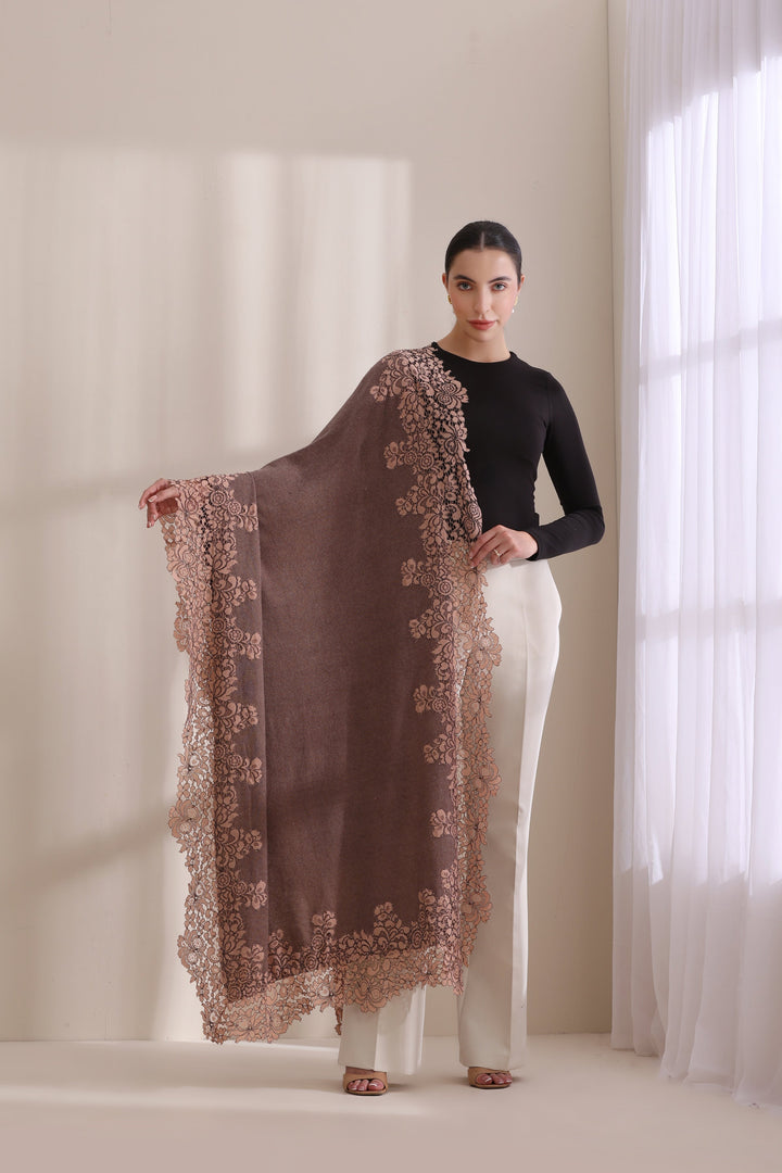 Mauve Cashmere Fine Wool Knitted Lily All Side Floral Lace Tone on Tone Stole 28x80