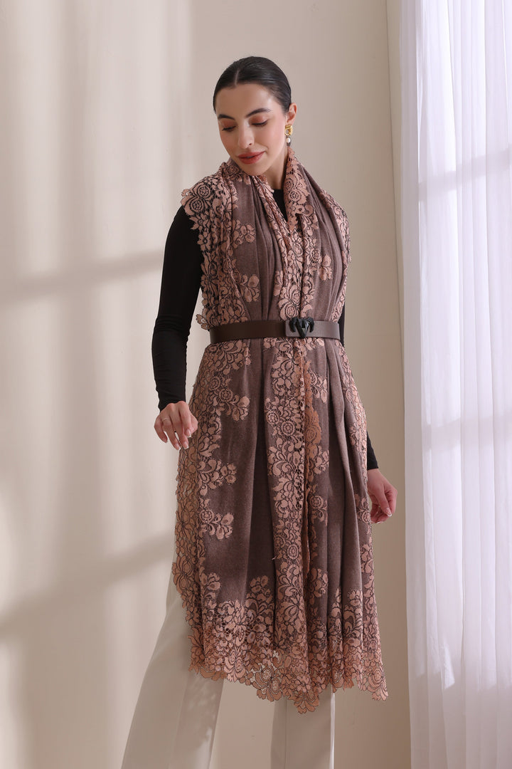 Mauve Cashmere Fine Wool Knitted Lily All Side Floral Lace Tone on Tone Stole 28x80