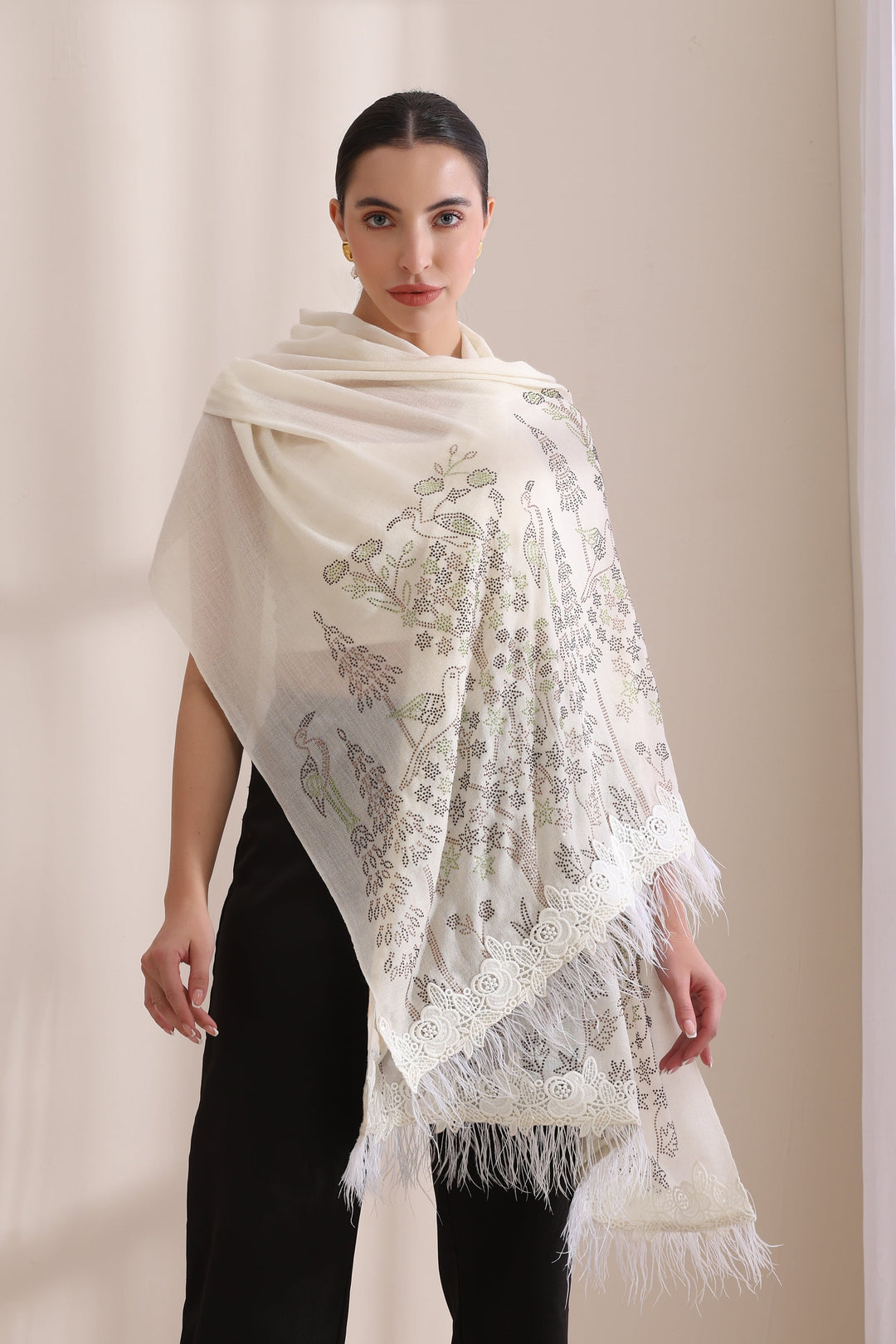 Ivory Cashmere Fine Wool Isla Floral Stone work with rose lace and feather on border Stole 28x80