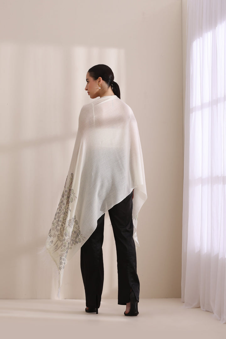 Ivory Cashmere Fine Wool Isla Floral Stone work with rose lace and feather on border Stole 28x80