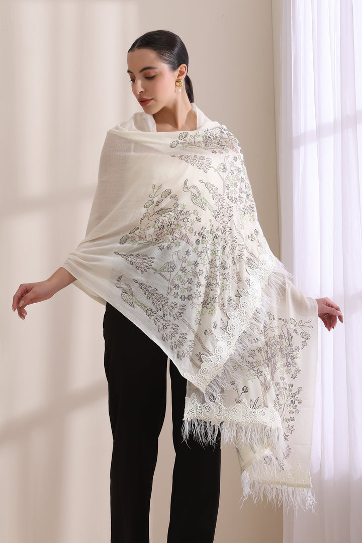 Ivory Cashmere Fine Wool Isla Floral Stone work with rose lace and feather on border Stole 28x80