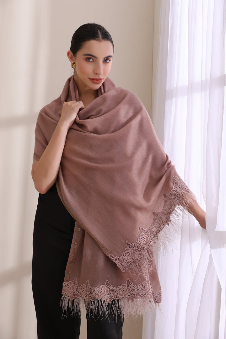 Grace Rose lace with feather on border with stone border, Cashmere Fine Wool, Blush Brown 28x80