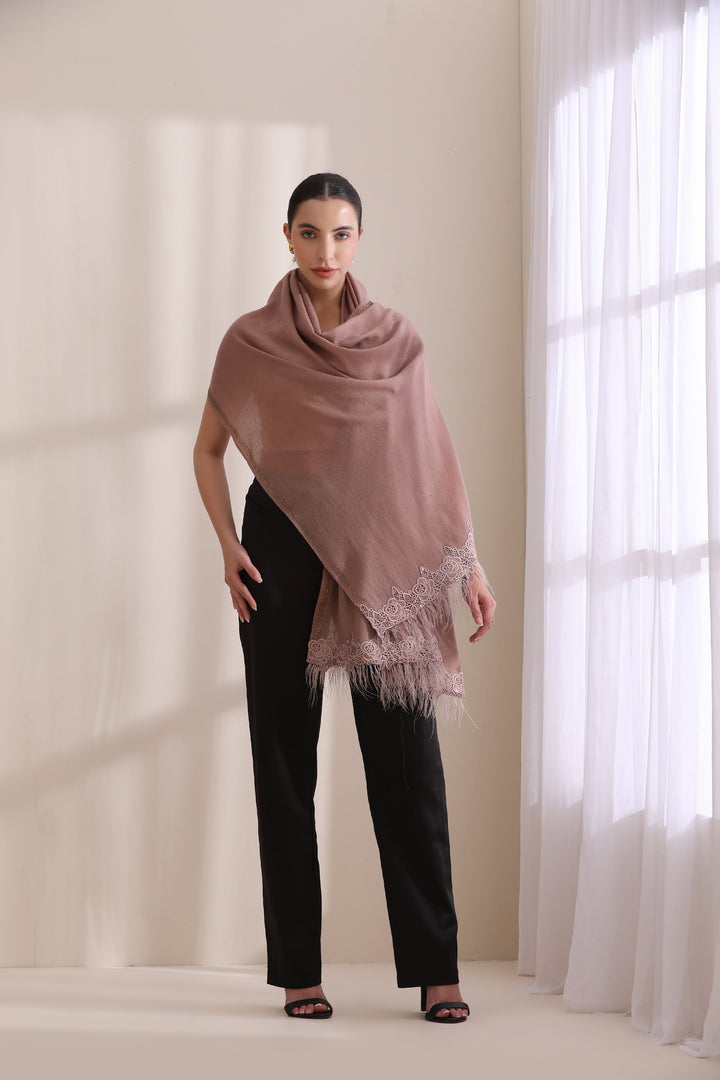 Grace Rose lace with feather on border with stone border, Cashmere Fine Wool, Blush Brown 28x80