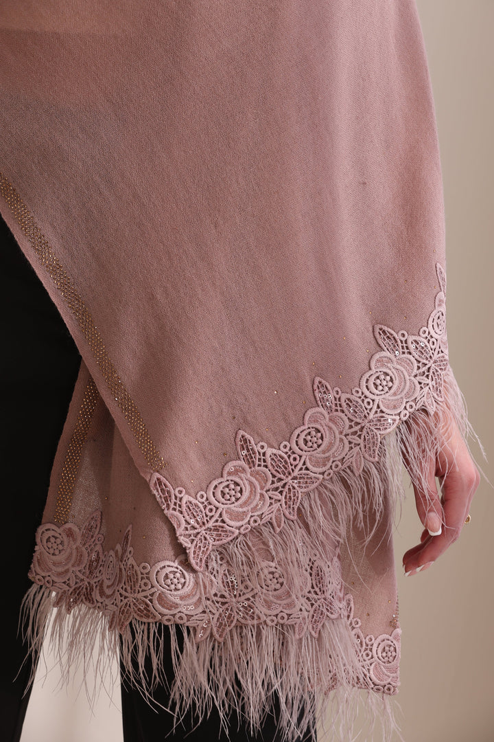 Grace Rose lace with feather on border with stone border, Cashmere Fine Wool, Blush Brown 28x80