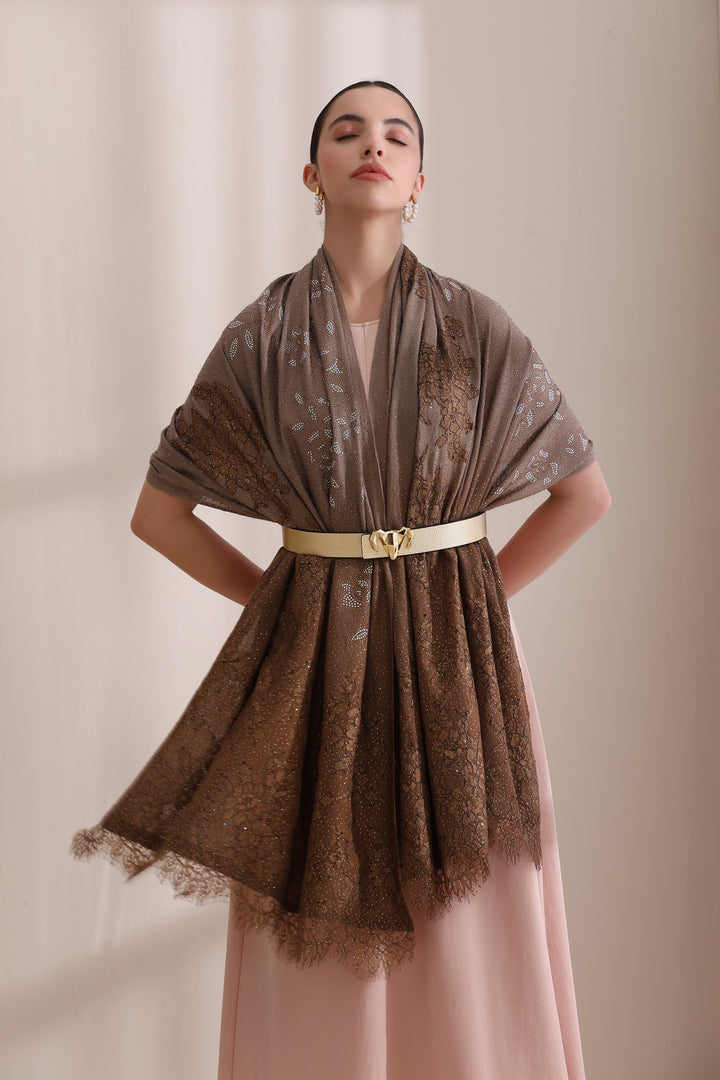 Brown Cashmere Fine Wool Willow Tone on Italian Floral Lace Patch Work and Leaf Stone Work Stole 28x80