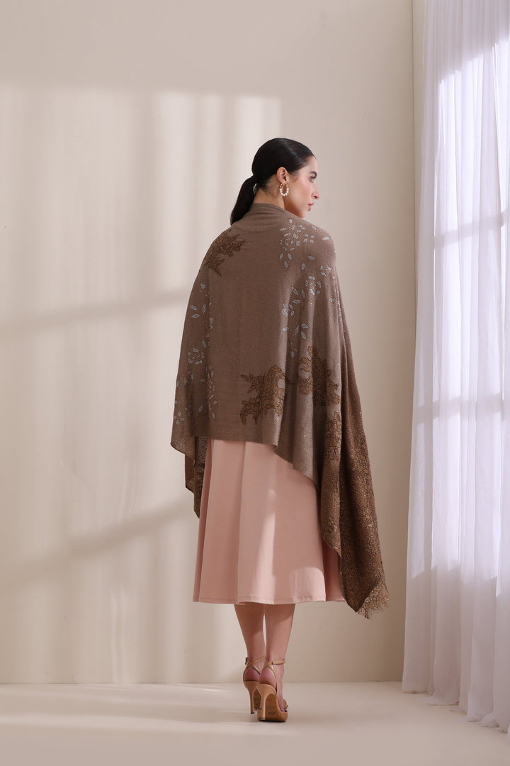 Brown Cashmere Fine Wool Willow Tone on Italian Floral Lace Patch Work and Leaf Stone Work Stole 28x80