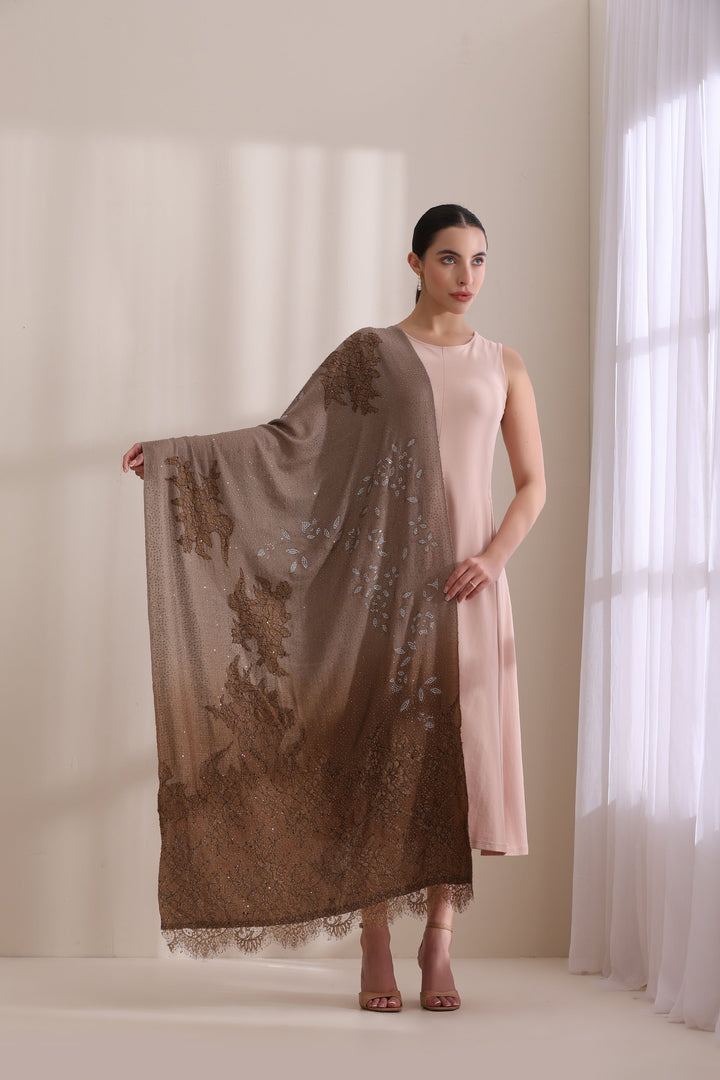 Brown Cashmere Fine Wool Willow Tone on Italian Floral Lace Patch Work and Leaf Stone Work Stole 28x80