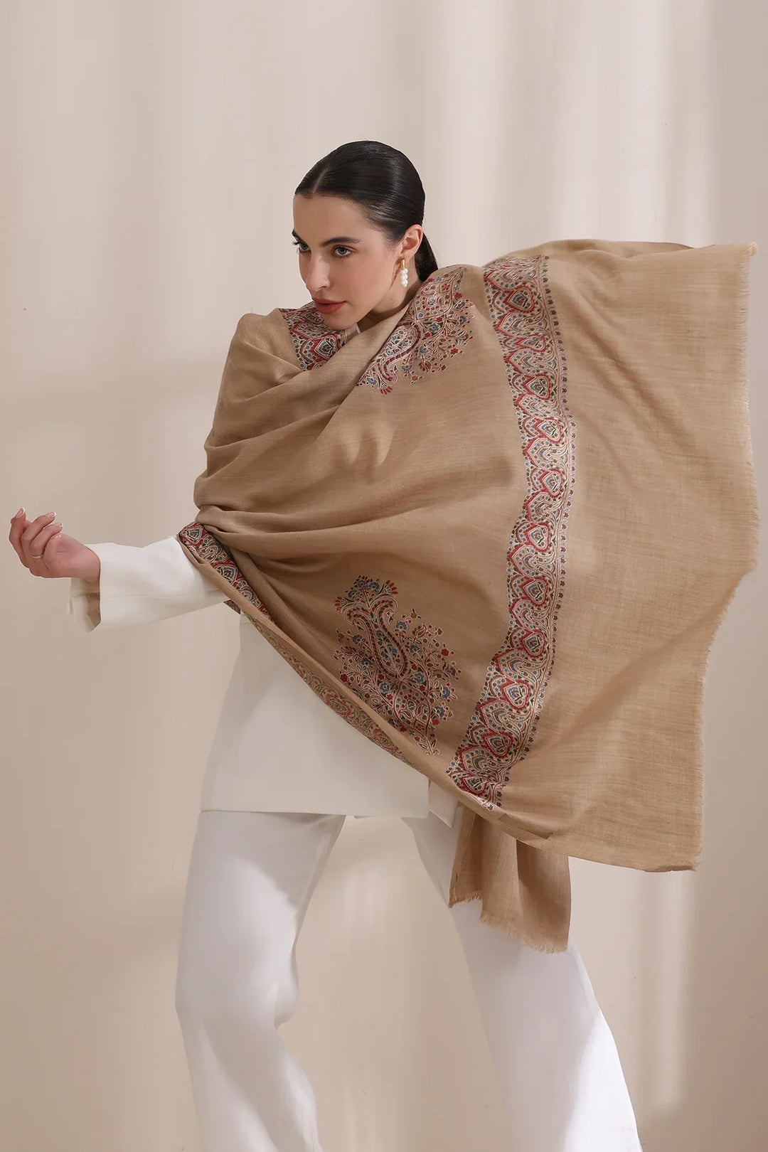 Vibhuti Intricate Embroidered Fine Wool Shawl for Men & Women Shawl for Men & Women with Four Side Border Shawl for Men & Women | SHOBITAM