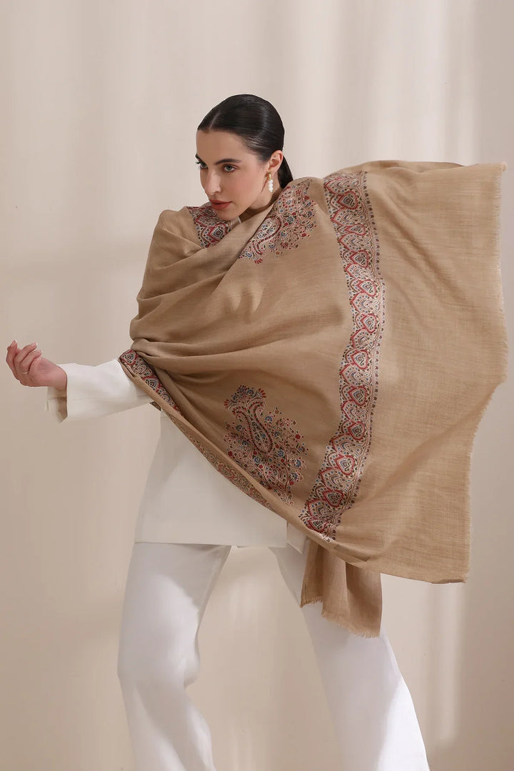 Vibhuti Intricate Embroidered Fine Wool Shawl for Men & Women Shawl for Men & Women with Four Side Border Shawl for Men & Women | SHOBITAM