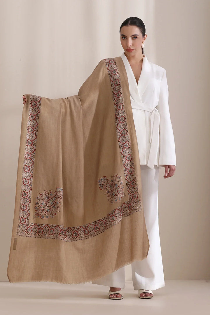 Vibhuti Intricate Embroidered Fine Wool Shawl for Men & Women Shawl for Men & Women with Four Side Border Shawl for Men & Women | SHOBITAM