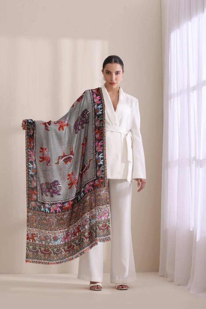 Happy Elephant Multicolor Faux Pashmina Stole 28x80