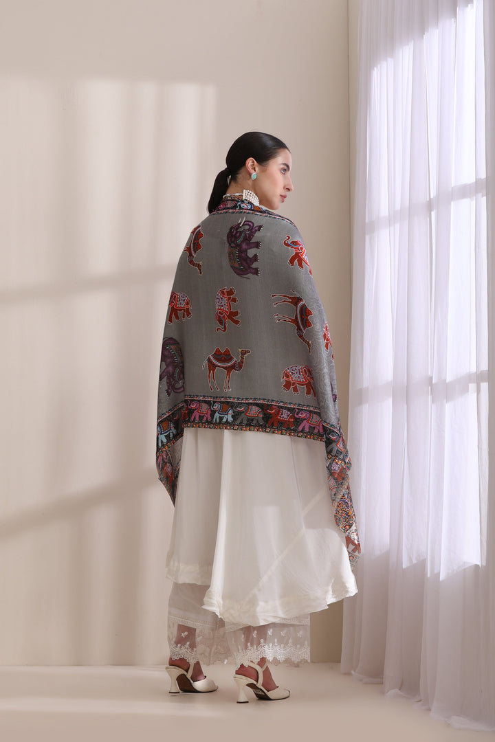 Happy Elephant Multicolor Faux Pashmina Stole 28x80