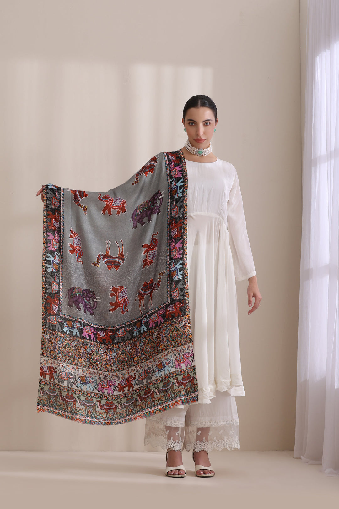 Happy Elephant Multicolor Faux Pashmina Stole 28x80