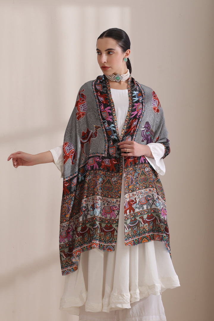 Happy Elephant Multicolor Faux Pashmina Stole 28x80