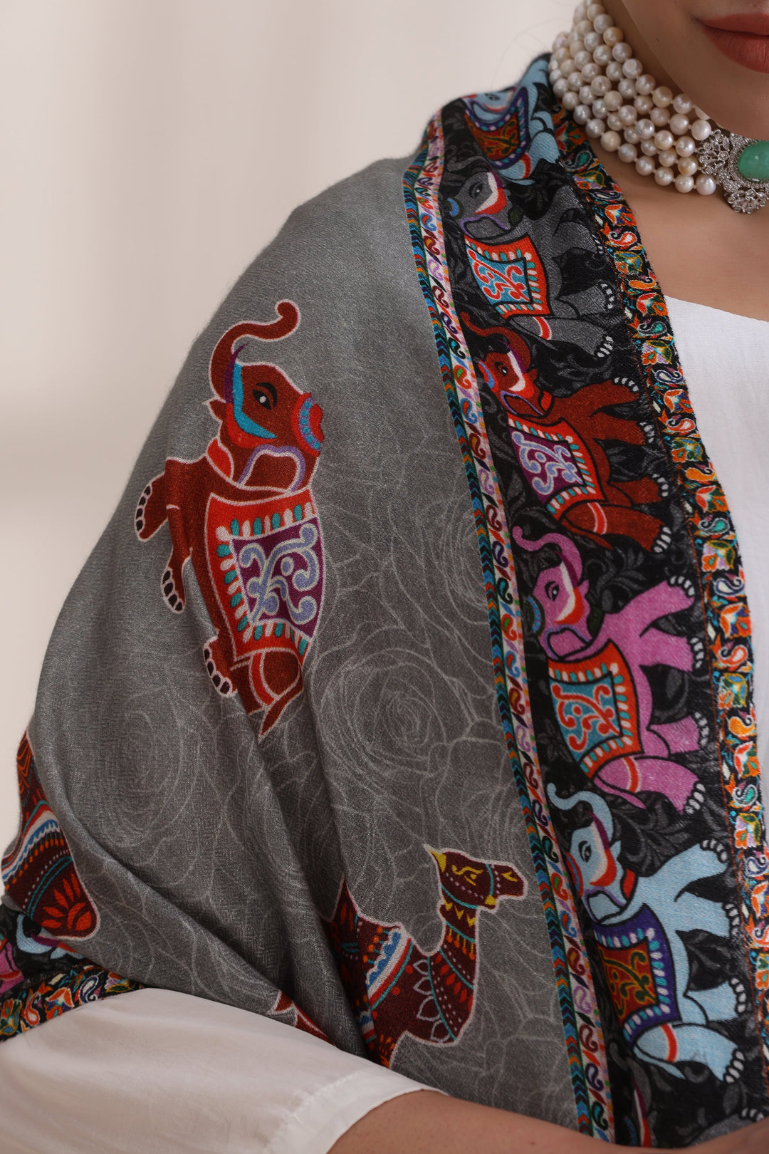 Happy Elephant Multicolor Faux Pashmina Stole 28x80