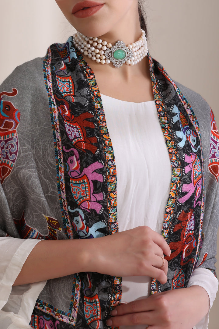 Happy Elephant Multicolor Faux Pashmina Stole 28x80