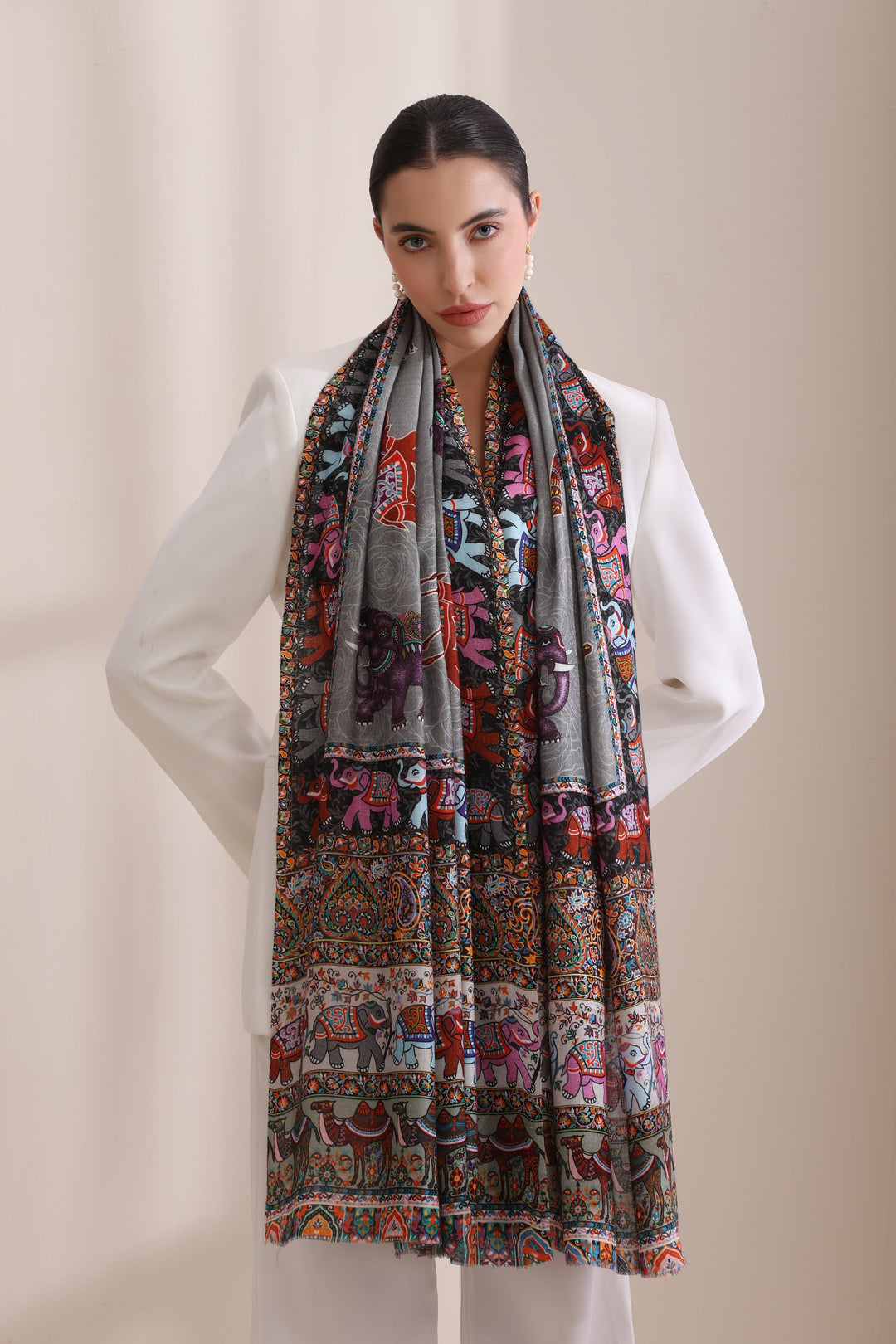 Happy Elephant Multicolor Faux Pashmina Stole 28x80